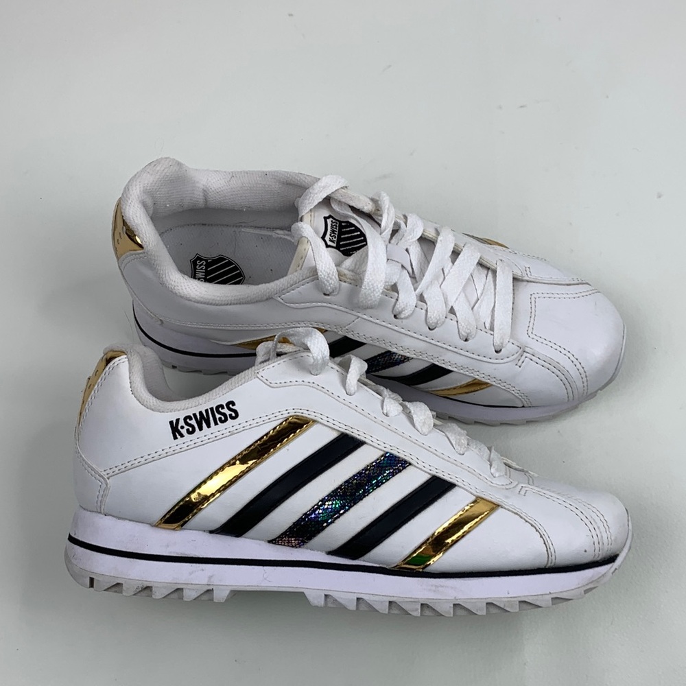 K-Swiss White Gold metallic iridescent Sneakers with Stripes Size 8.5 womens